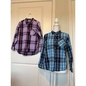 Time & Tru Womens Plaid Button-Up Shirts Set Of 2 Size M Lot Blue Pink